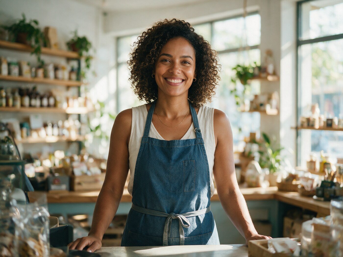 Empreendedora brasileira sorrindo atrás do balcão da própria loja